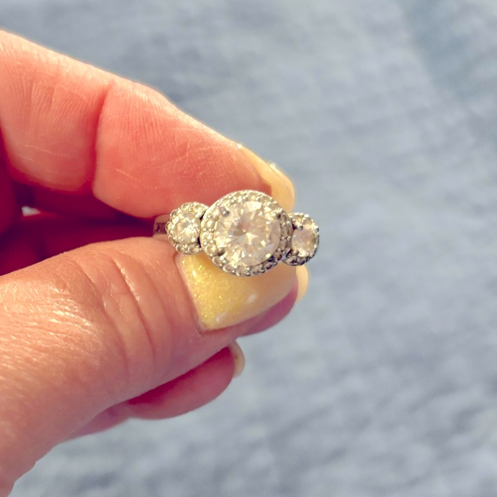 Diamonique Sterling 3 Stone Halo Ring